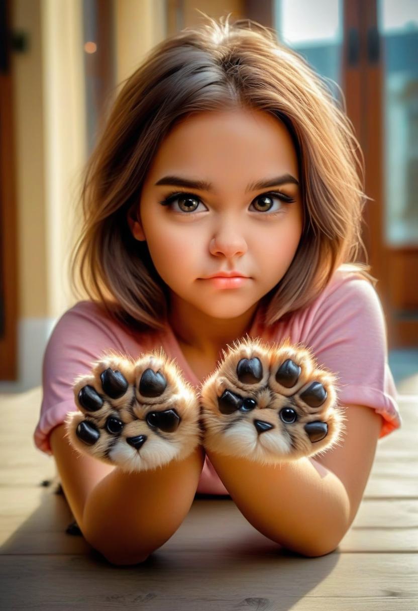  cute young woman with fluffy paws as hand and pinky claws at nail design studio, perfect hands, perfecteyes