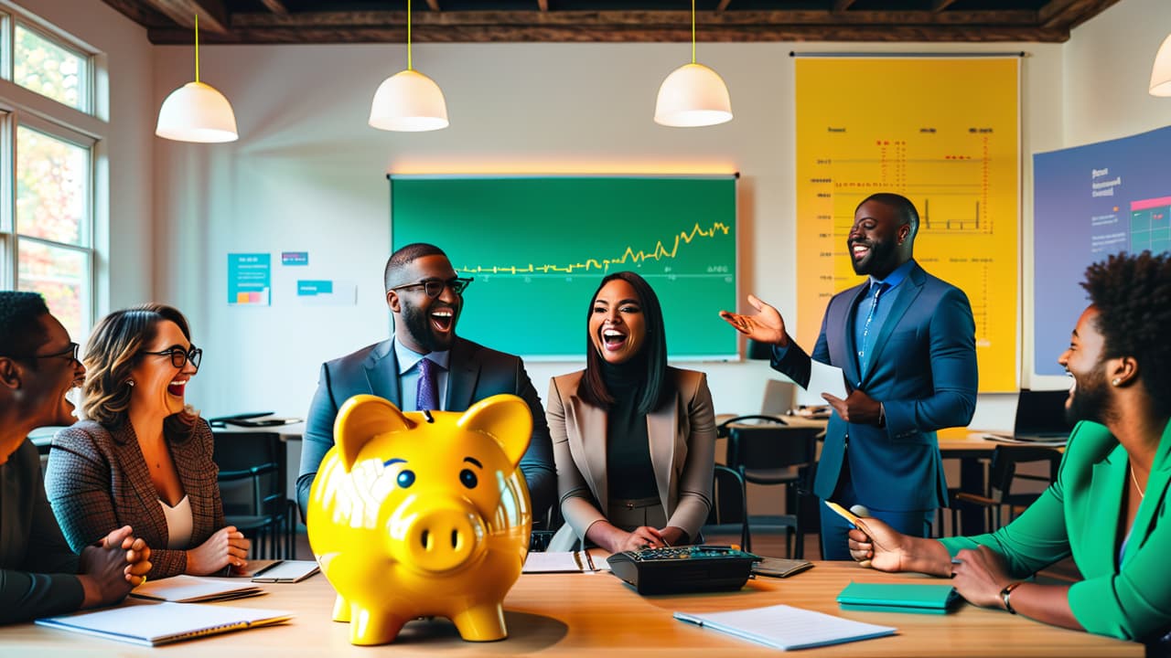  a vibrant scene of a diverse group of people joyfully engaging in a financial workshop, surrounded by colorful charts, piggy banks, and calculators, with a bright light symbolizing knowledge and empowerment illuminating the room. hyperrealistic, full body, detailed clothing, highly detailed, cinematic lighting, stunningly beautiful, intricate, sharp focus, f/1. 8, 85mm, (centered image composition), (professionally color graded), ((bright soft diffused light)), volumetric fog, trending on instagram, trending on tumblr, HDR 4K, 8K