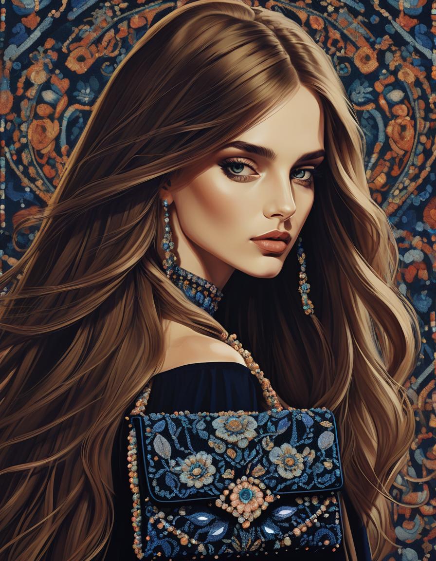  in the style of di cavalcanti, beautiful long haired girl with an evening beaded bag, dramatic, illustration, modern