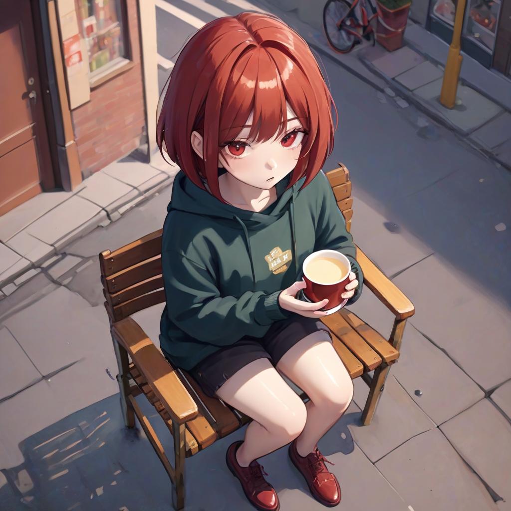  a short girl with short red hair sits on a chair and drinks hot tea. looks right down. evening. view from above. street.