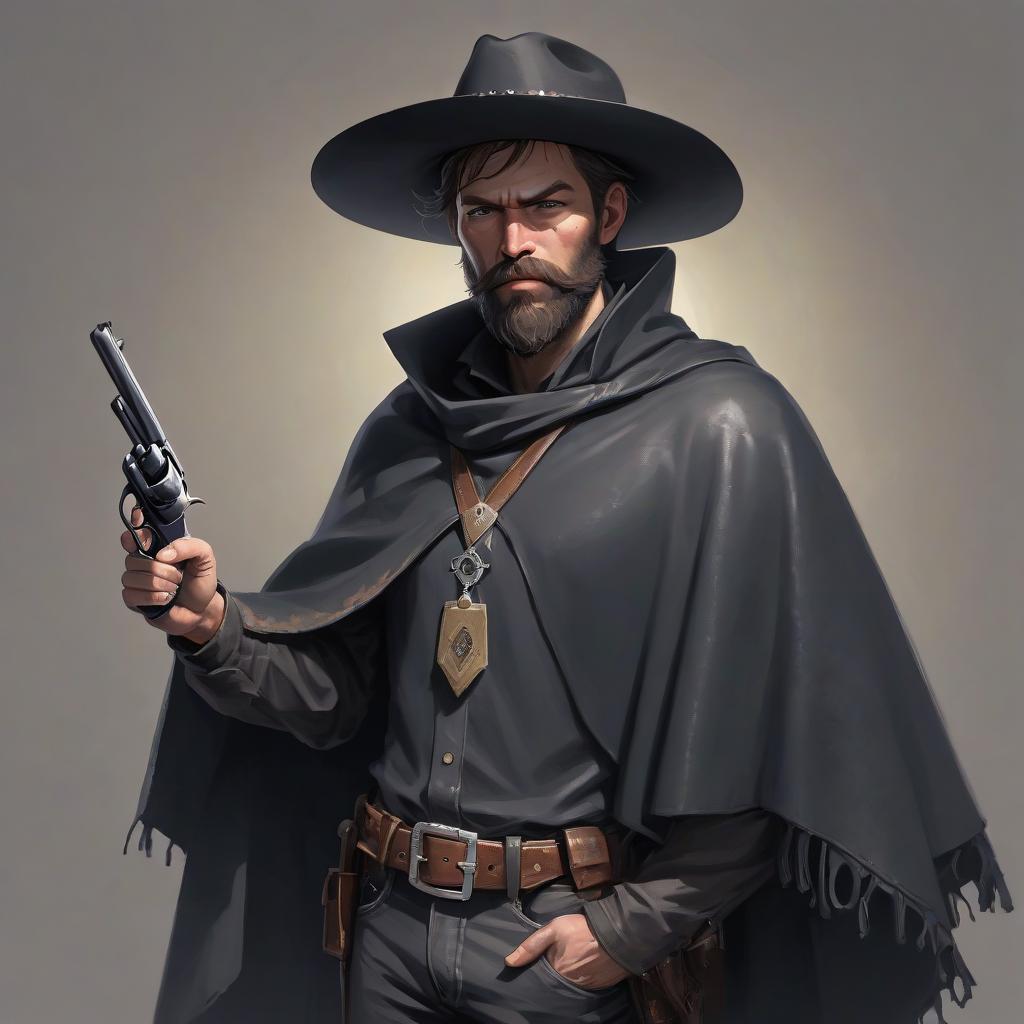  cowboy with a revolver, black poncho, with a beard