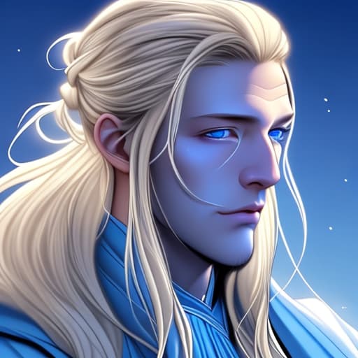  Wizard, handsome, white, tall, long blond hair tied up with blue eyes.