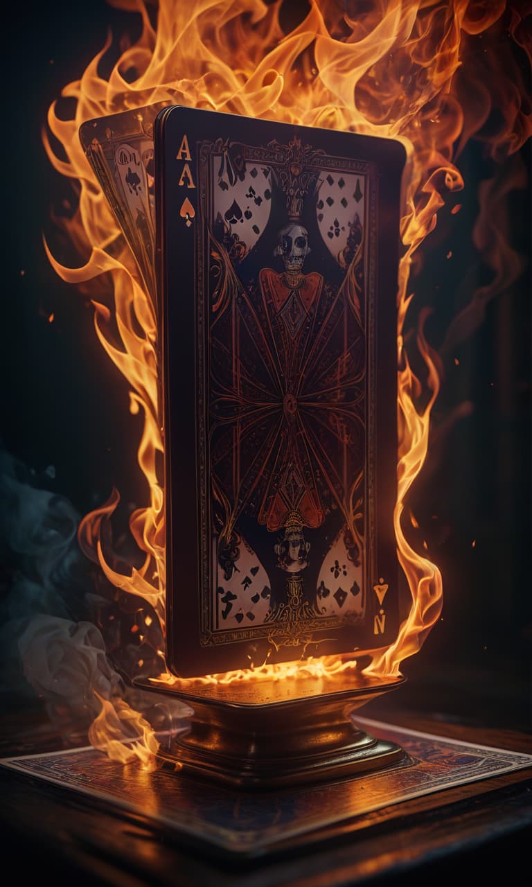  macabre style (picture, digital art:1.2), burning playing card with mesmerizing flames, perched elegantly on a table, intricate details capturing the fiery glow, (beautiful:1.3) avatar image, airbrushed art style, dynamic composition, vibrant colors, warm lights illuminating the scene, intense and captivating atmosphere, trending on digital art platforms. . dark, gothic, grim, haunting, highly detailed, civitai, glowneon