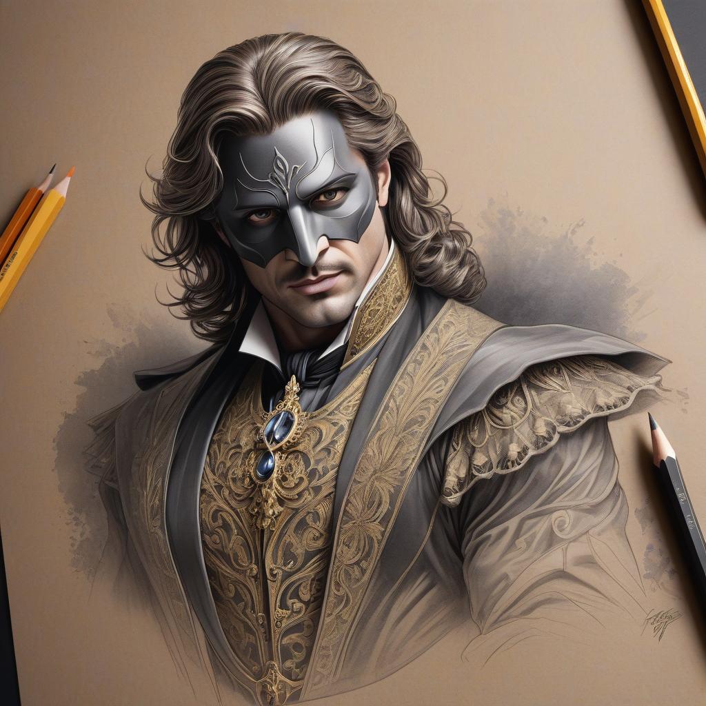  (sketch unfinished). ((fine pencil line sketch: 1.3)) on (old yellowed kraft paper: 1.5). (ultra detail: 1.4). portrait, close up: ((gerald butler:1.2)) as ((phantom of the opera:1.2)). rich color palette, bright colors, intricate and ornate borders, intricate details in the outfit, art nouveau style. pencil strokes, ((incomplete effect: 1.3)). minimalism. harmony of simplicity. the sketch is not finished ((pencil strokes gradually fade: 1.5)). in the style of watercolor portraits by pyotr sokolov. hyperrealistic, full body, detailed clothing, highly detailed, cinematic lighting, stunningly beautiful, intricate, sharp focus, f/1. 8, 85mm, (centered image composition), (professionally color graded), ((bright soft diffused light)), volumetric fog, trending on instagram, trending on tumblr, HDR 4K, 8K