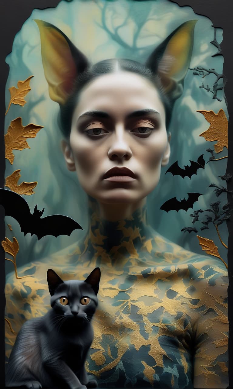  tilt shift photo of (acrylic drawing, double exposure:1.4). a multi layered digital artwork depicting a woman, a cat and a bat in various textures and colors. the surreal composition showcases the talents of artists such as salvador dali, frida kahlo and hieronymus bosch. the woman is depicted with intricate details inspired by gustav klimt's golden paintings, while the cat has a soft pastel fur texture reminiscent of henri rousseau's jungle scenes. "the bat" adds an eerie element with its dark tones and sharp edges, as in the works of francisco goya. this work will undoubtedly enchant the audience with its unique combination of styles and elements. . selective focus, miniature effect, blurred background, highly detailed, vibrant, perspecti