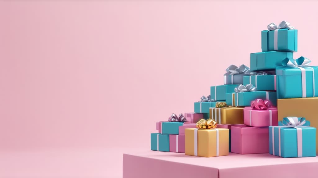  epic realistic, hyperdetailed, (cycles render:1.3), caustics, (glossy:0.58), (artstation:0.82),pastel muted colors. a mountain of gift boxes on a pink pastel background #fbcdfc on the right in 1/3 of the picture. on the left there is an empty space for text. a festive atmosphere ar 16:9