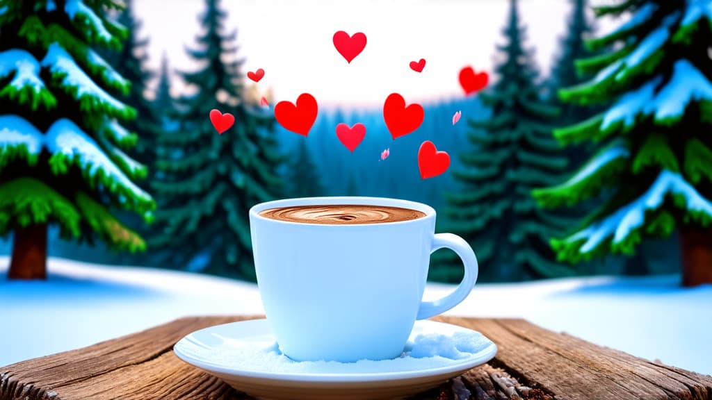  coffee cup with hearts flying out of it standing on snow, snowy forest background, digital art, hyper realistic photography, very beautiful, highly detailed cute, high quality photos, high quality, beautiful wallpaper ar 16:9 {prompt}, maximum details