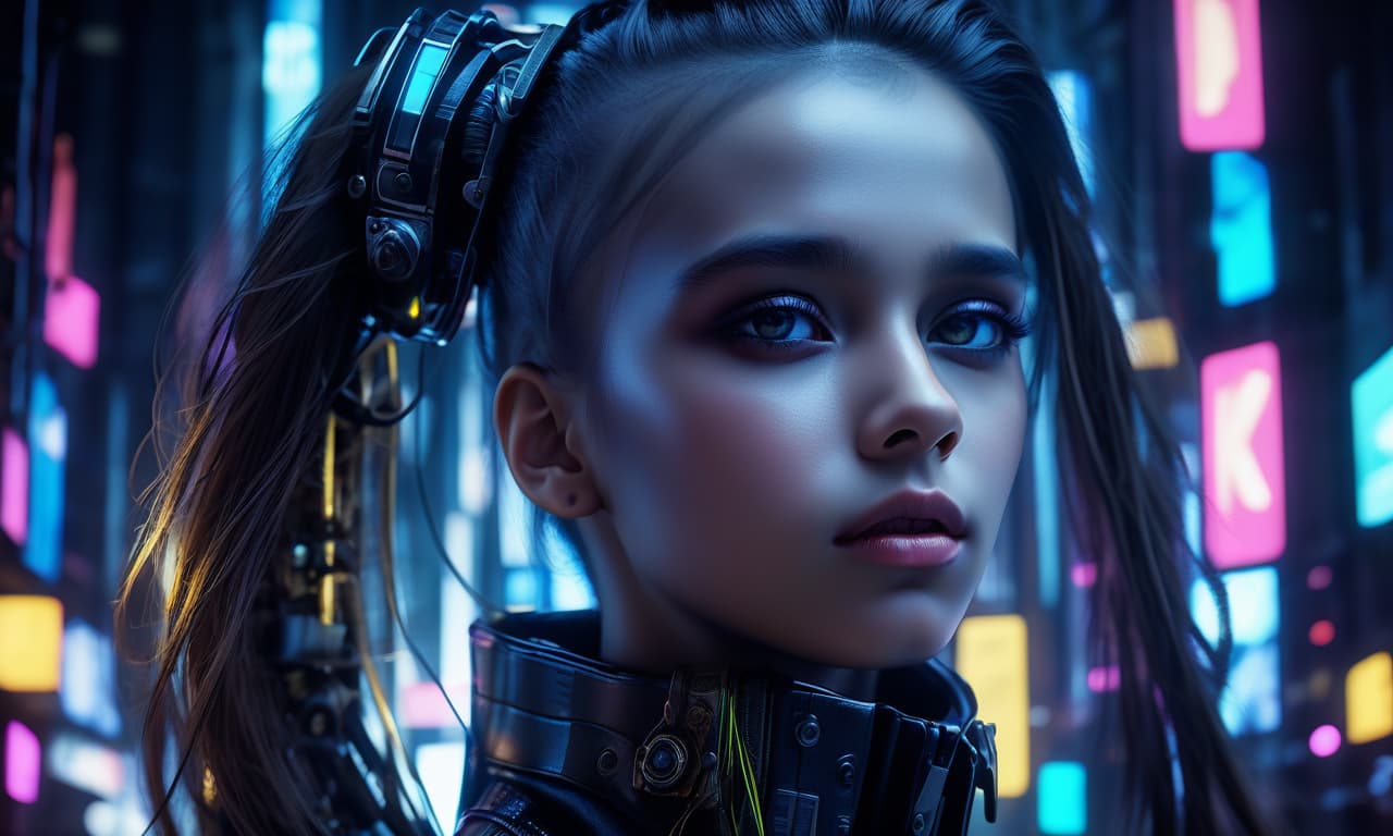  1 girl, of gabriela, black ribbon design, dutch angle, detailed hair, detailed facial features, detailedeyes, detailed lips, intricate hairstyle, long flowing hair, cyber punk, neon lights, glowing neon, dark futuristic city, moody lighting, film composition, dynamic camera angle, hight contrast, bright coloured, (best qualityer,4k,8K,high resolution,work of art:1.2),ultra detali,(realisitic,photorealisitic,photo realisitic:1.37)