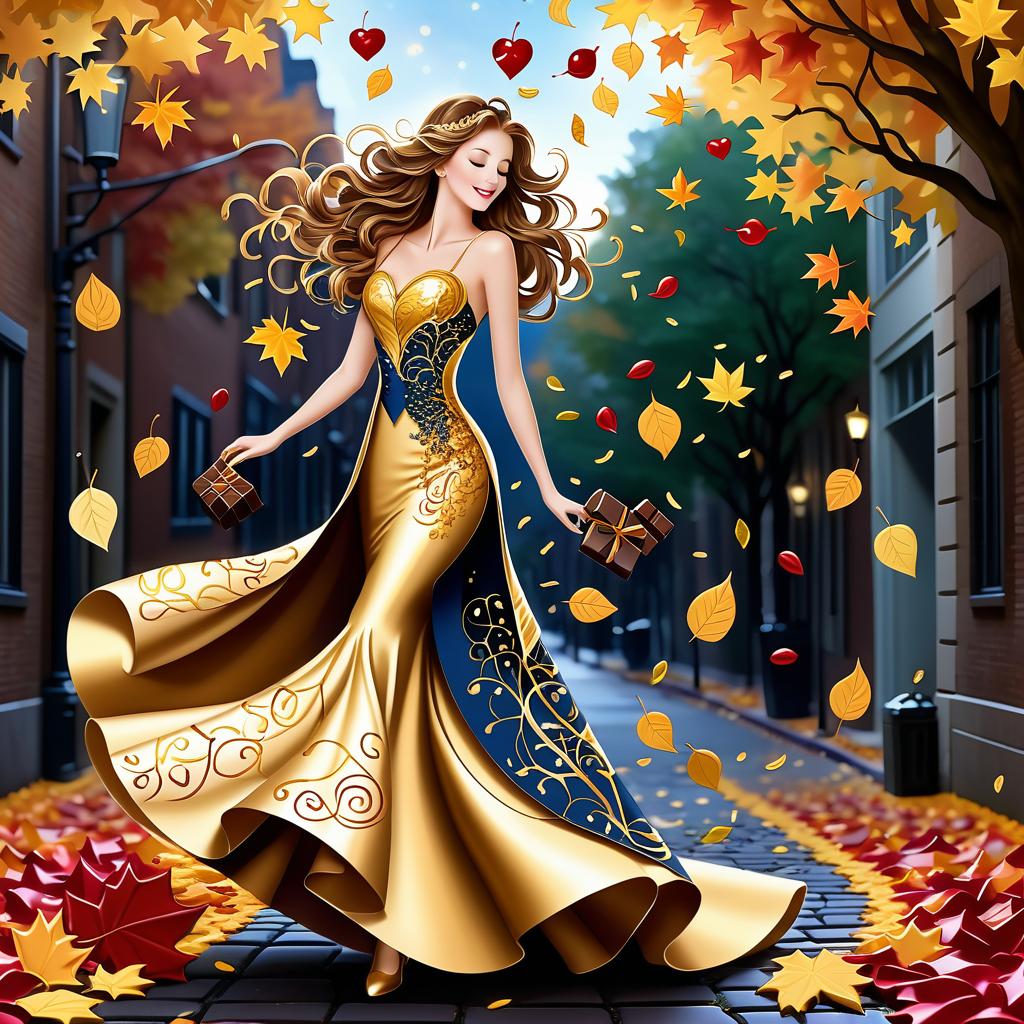  luxury product style on a carpet of yellow leaves in a simple dress of wind given crepe autumn danced a waltz boston in an alleyway. the warm day flew away and the saxophone sang hoarsely. (background of the card): falling autumn leaves, a whirlwind of autumn leaves, wind saxophone, ((a box of chocolates, the inscription "autumn waltz")) , a greeting card. (heart), a beautiful figure made of contours in the shape of a heart. (heart colour): night sky background, stars, gold pattern. (style):fantasy, autumn art, autumn romance. (colours):gold, green gold, navy blue, red, red gold, brown gold, silver, golden blue, bluish blue, dark blue on gold . elegant, sophisticated, high end, luxurious, professional, highly detailed