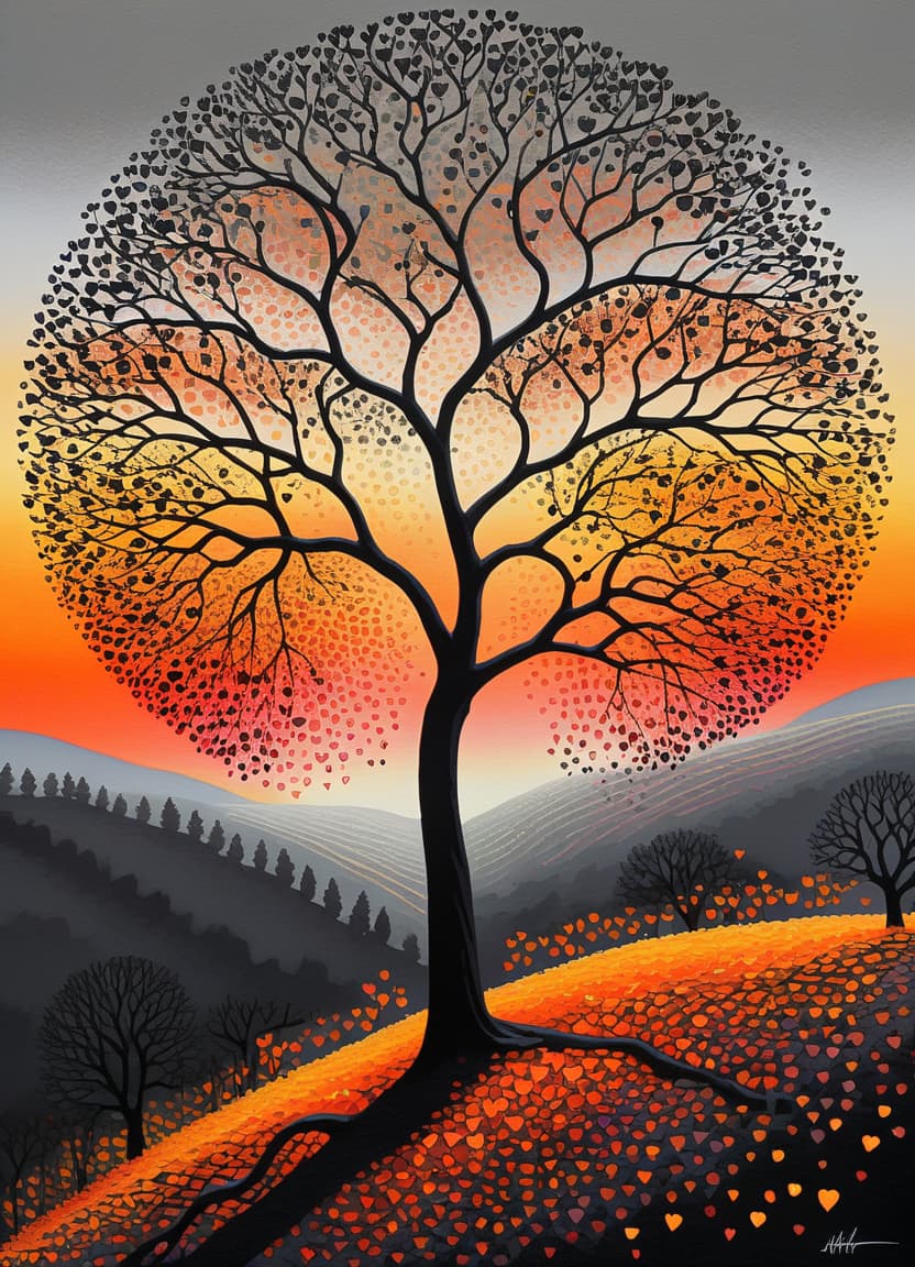  (pointillism ink painting:1.3), (dotted lines:1.2) artwork composed entirely of small, distinct segments of color, silhouette of tree of hearts depicted on the hill against the gray::orange hue sky on deep black canvas. the tree covered with leaves in the shape of small glowing hearts. color palette: autumn. impressionism, modern. romantic, beautiful, fairytale, cinematic lighting, unusual angle, complex detail, best composition, artistic, innovative use of light and shadow.