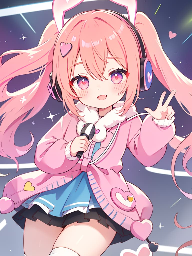  1 pretty girl,from the waist up,winking,cheek to cheek,semi long,hearts twin tail,gamer,headphones with microphone,knit outfit,peach hair elastic, hair,front