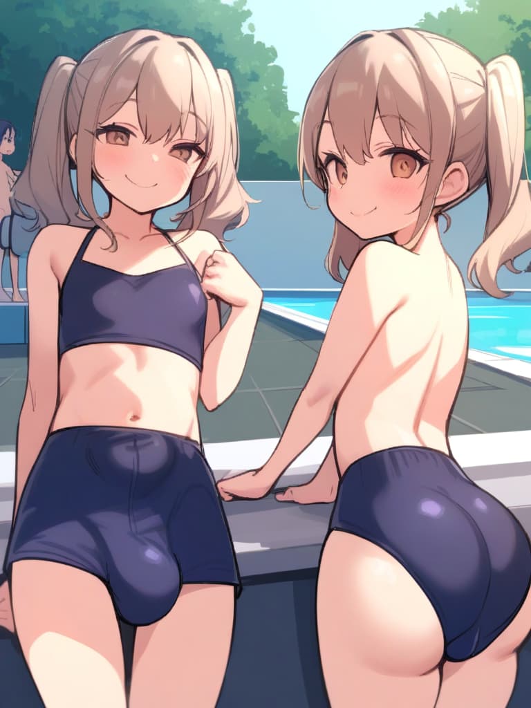  women's elementary students, twin tails, cute smiles, (rich s), low stature, dark blue swimwear, old swimwear, swimwear, simple, (bulging), male (bulging), (bulge), shaped crisp, shaped crisp chin ( ), front, whole body, pool side,