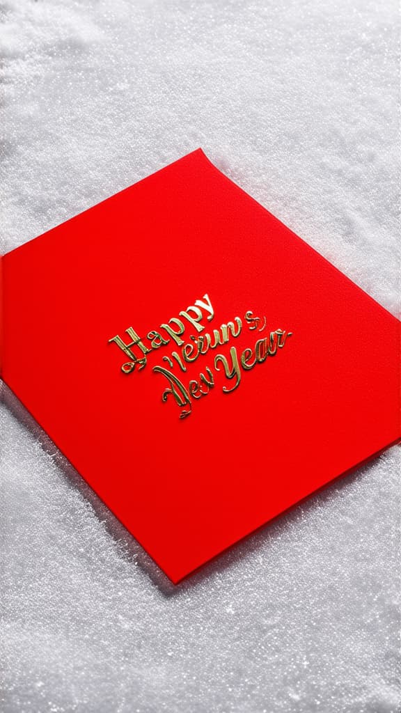  professional detailed photography, new year's card in red with golden inscription happy new year with white small snowflakes ar 9:16, (muted colors, dim colors, soothing tones), (vsco:0.3)