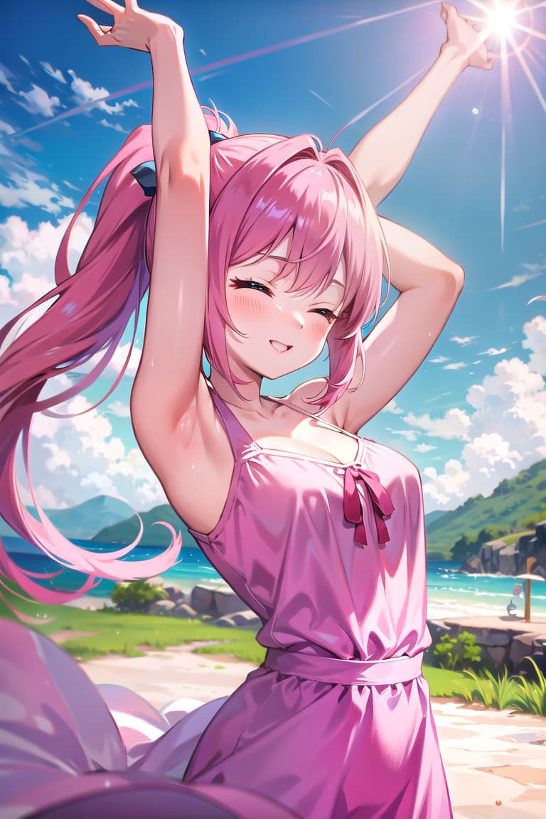  r 18, , middle , pink haired ,ponytail,large eyes,wearing a , arms raised, hands behind her head. She tilts her face up towards the sun, eyes closed, radiating happiness.