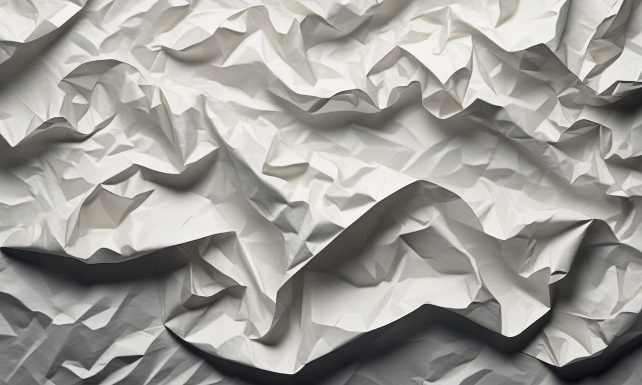  create a close up of a crumpled sheet of paper with visible creases and folds, giving it a textured and wrinkled appearance. the paper should be white with subtle shadows in the folds, emphasizing the depth and irregularity of the crumples. the texture should be highly detailed, showcasing different levels of light and shadow to create a realistic 3d effect. the overall look should be slightly worn but not torn, giving it a natural, aged feel.minimalistic and elegant backgrounds for stories and posts.