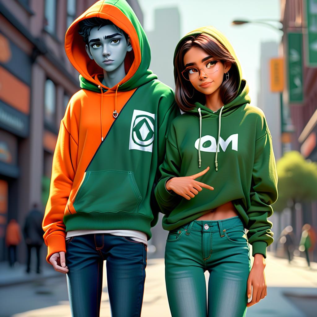  concept art a girl web designer in jeans and an orange hoodie puts one arm around a guy tester also in jeans and a green hoodie. art for it modern zoomers . digital artwork, illustrative, painterly, matte painting, highly detailed, perfecteyes, perfect hands