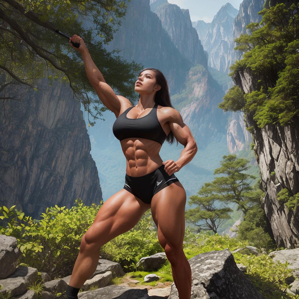  masterpiece, best quality, A Latin fitness woman with a chiseled, muscular body, showcasing her powerful left bicep as she stands amidst a backdrop of rugged mountains and lush greenery. The sunlight illuminates her defined muscles, casting dramatic shadows and highlighting her strength and determination. The atmosphere is empowering and awe-inspiring, capturing the essence of physical prowess and dedication. The style is bold and dynamic, emphasizing the contrast between the natural landscape and the human form. Realization: High dynamic range photography.