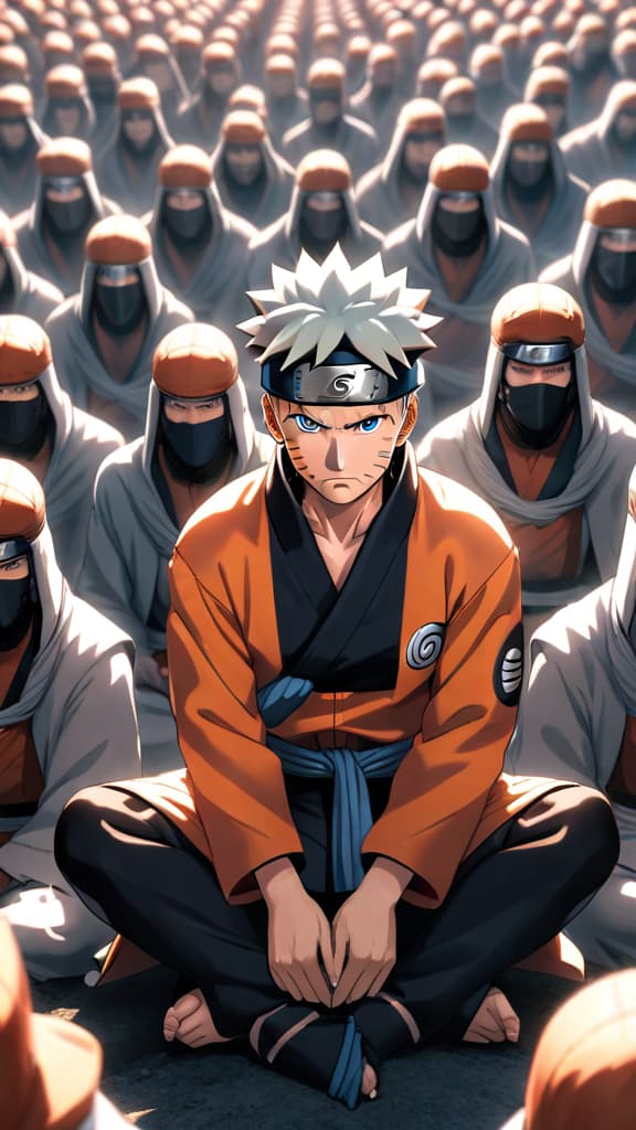  naruto from naruto meditating surrounded by thousands of clones each one learning training and gathering knowledge anime art hyperrealistic, full body, detailed clothing, highly detailed, cinematic lighting, stunningly beautiful, intricate, sharp focus, f/1. 8, 85mm, (centered image composition), (professionally color graded), ((bright soft diffused light)), volumetric fog, trending on instagram, trending on tumblr, HDR 4K, 8K