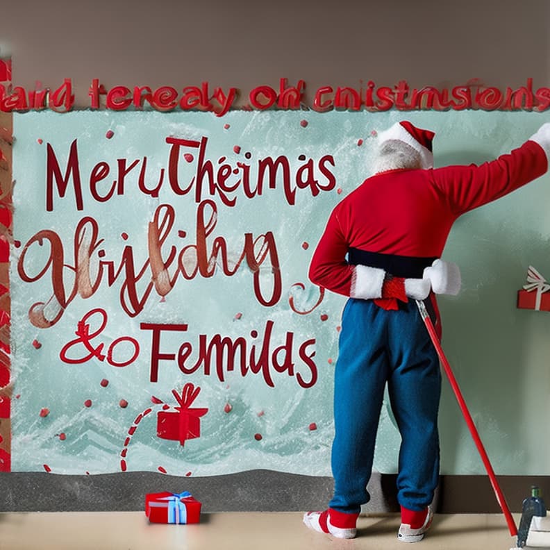  a man with a white beard mid to late 40s wearing a full santa suit painting the words on a long wall with a paint roller and an extension pole that says merry christmas friends and family welcome.