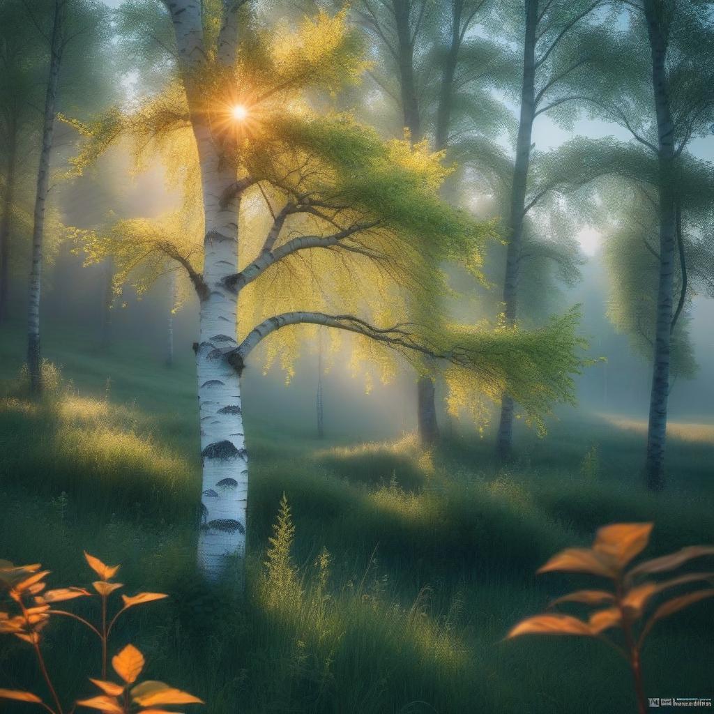  A birch tree in a summer meadow hyperrealistic, full body, detailed clothing, highly detailed, cinematic lighting, stunningly beautiful, intricate, sharp focus, f/1. 8, 85mm, (centered image composition), (professionally color graded), ((bright soft diffused light)), volumetric fog, trending on instagram, trending on tumblr, HDR 4K, 8K