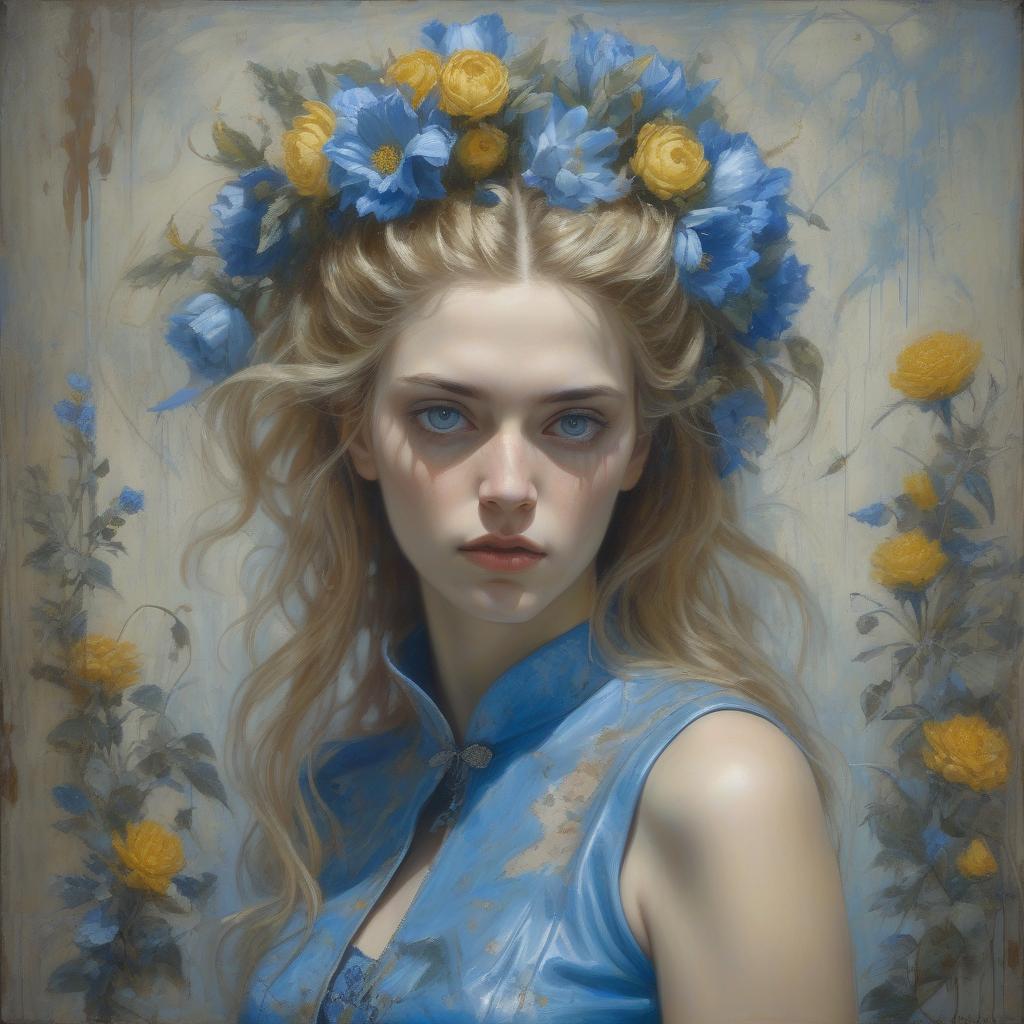  grunge style <mymodel> a painting of a woman with flowers in her hair and a blue dress donato giancola, figurative art, extremely detailed oil painting, a hyperrealistic painting . textured, distressed, vintage, edgy, punk rock vibe, dirty, noisy