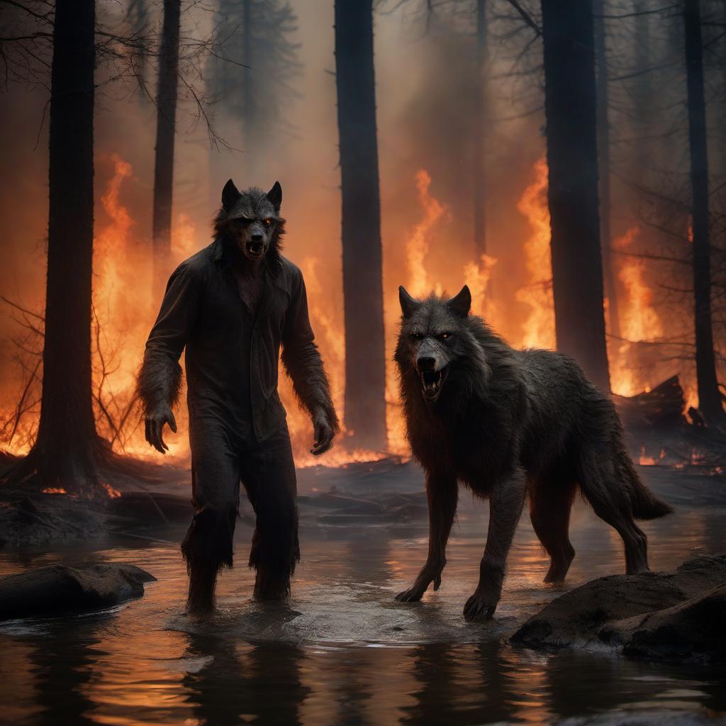  the werewolf stands in the bed of a stream, around a strong forest fire, trees burn, flames to the sky, sparks, professional photos, 4k, high resolution, high detail