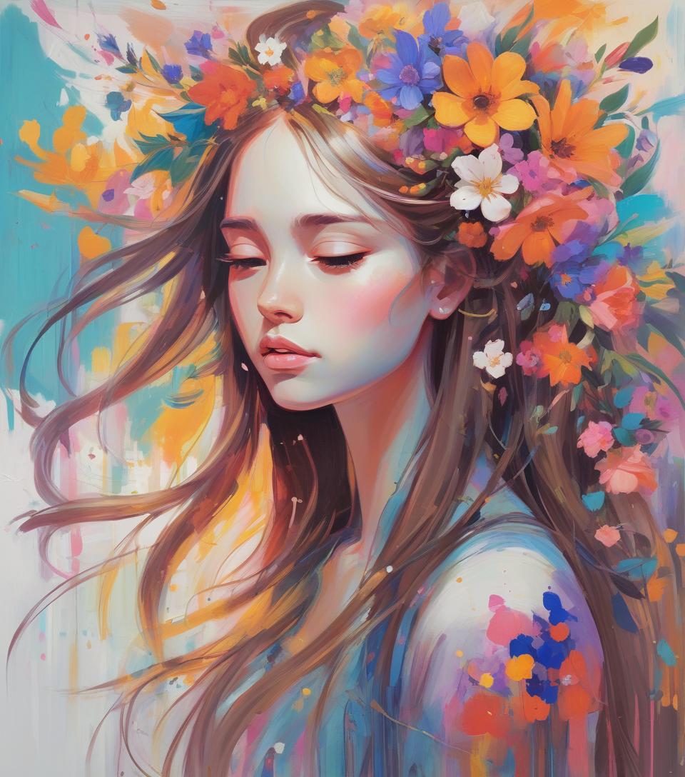  abstract expressionist painting a girl with long hair and flowers in her hair, beautiful character painting, beautiful digital art, beautiful digital artwork, beautiful digital illustration, gorgeous digital art, beautiful digital painting, beautiful fantasy art portrait, fantasy art style, exquisite digital illustration, beautiful gorgeous digital art, gorgeous digital painting, very beautiful digital art, rossdraws digital painting, extremely detailed artgerm . energetic brushwork, bold colors, abstract forms, expressive, emotional