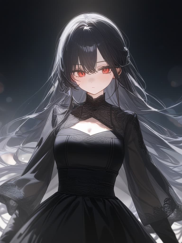  girls, thin body, black hair, red eyes, young face, black lace, dark background, mourning clothes, black gloves, long hair, hat, masterpiece, best quality,8k,ultra detailed,high resolution,an extremely delicate and beautiful,hyper detail