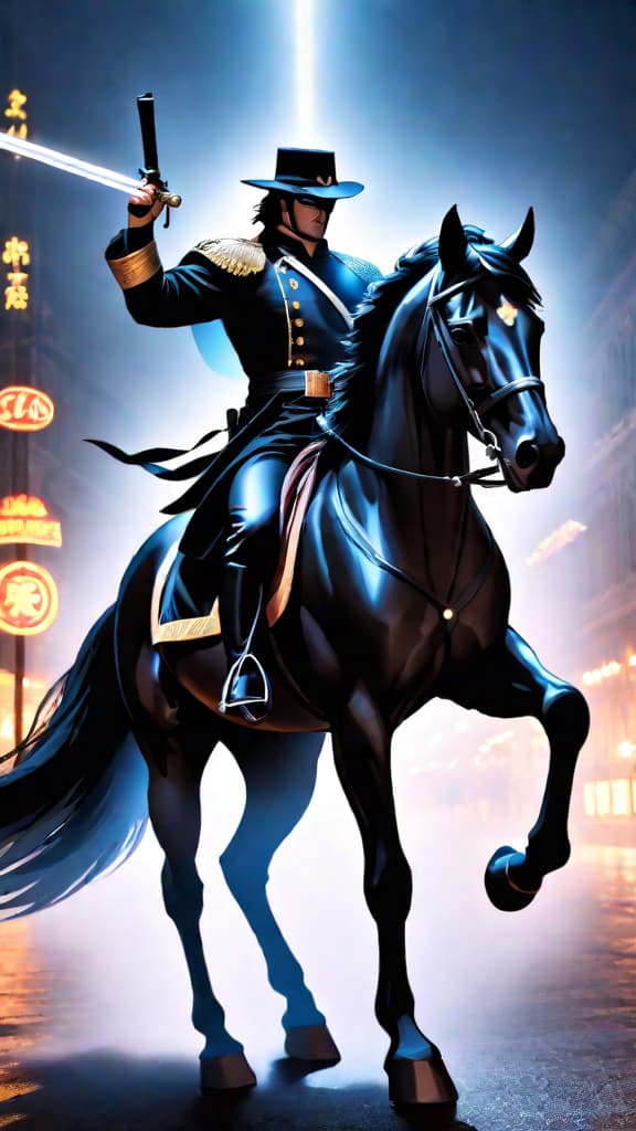  anime art: zorro riding a black horse at night, leaving a bold 'z' mark, evoking justice and hope hyperrealistic, full body, detailed clothing, highly detailed, cinematic lighting, stunningly beautiful, intricate, sharp focus, f/1. 8, 85mm, (centered image composition), (professionally color graded), ((bright soft diffused light)), volumetric fog, trending on instagram, trending on tumblr, HDR 4K, 8K