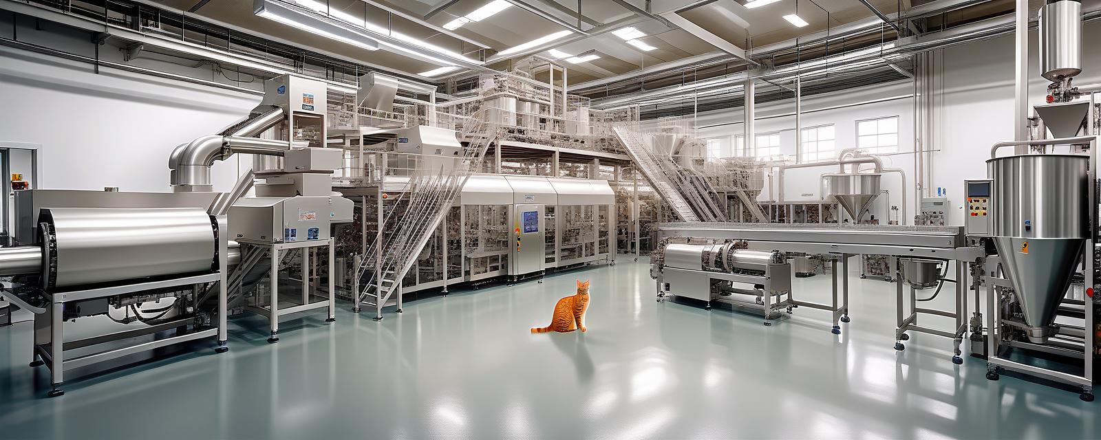  hdr photo of production line at the plant for the production of dry food for cats and dogs. white walls new equipment . high dynamic range, vivid, rich details, clear shadows and highlights, realistic, intense, enhanced contrast, highly detailed, perfect hands