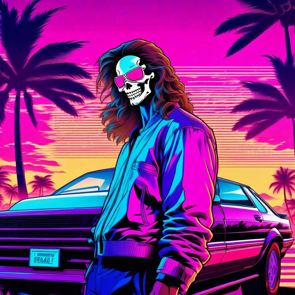  manga style retrowave man with long hair in skull mask next to the car, retrowave car, retrowave road, retrowave sun, retrowave palm tree, retrowave billboard . vibrant, high energy, detailed, iconic, japanese comic style