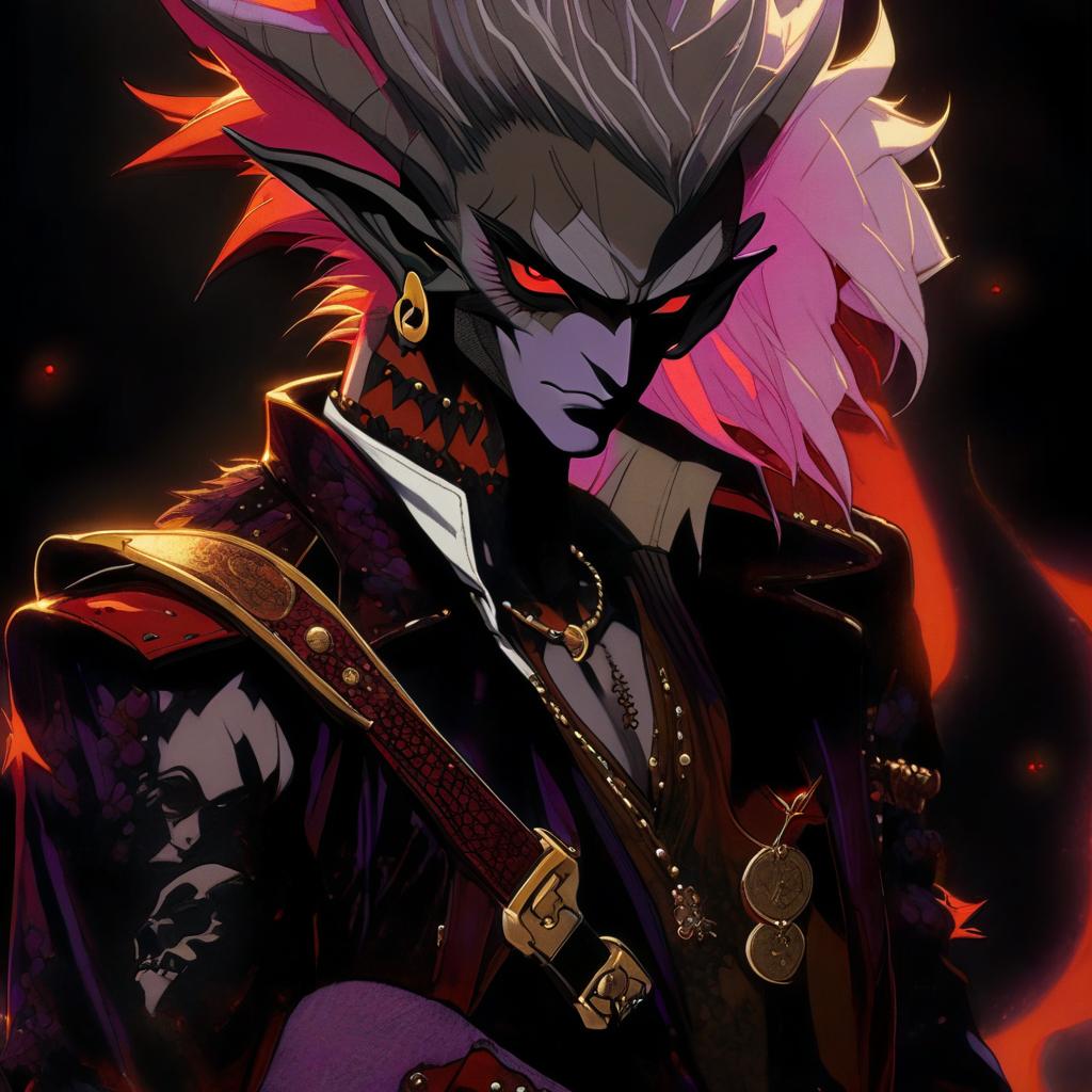  manga style a dark elf male rock performer with a guitar in his hands, his face turned straight marble white skin, purple scarlet hair, lavender eyes with a red tint, dressed in a red violet shirt embroidered with red gold over the shirt wears a leather coat with a fur collar of dark scarlet, hairstyle in the style of hedgehog hair. an earring in the ear, in the shape of a month. the crescent moon tattoo . vibrant, high energy, detailed, iconic, japanese comic style hyperrealistic, full body, detailed clothing, highly detailed, cinematic lighting, stunningly beautiful, intricate, sharp focus, f/1. 8, 85mm, (centered image composition), (professionally color graded), ((bright soft diffused light)), volumetric fog, trending on instagram, trending on tumblr, HDR 4K, 8K