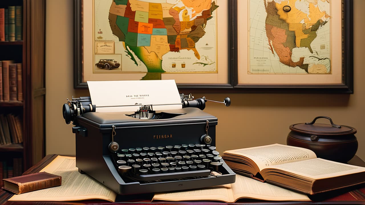  a vintage typewriter surrounded by historical artifacts like a quill, parchment, and antique books, set against a backdrop of a faded map and sepia toned photographs, evoking a sense of time and storytelling. hyperrealistic, full body, detailed clothing, highly detailed, cinematic lighting, stunningly beautiful, intricate, sharp focus, f/1. 8, 85mm, (centered image composition), (professionally color graded), ((bright soft diffused light)), volumetric fog, trending on instagram, trending on tumblr, HDR 4K, 8K