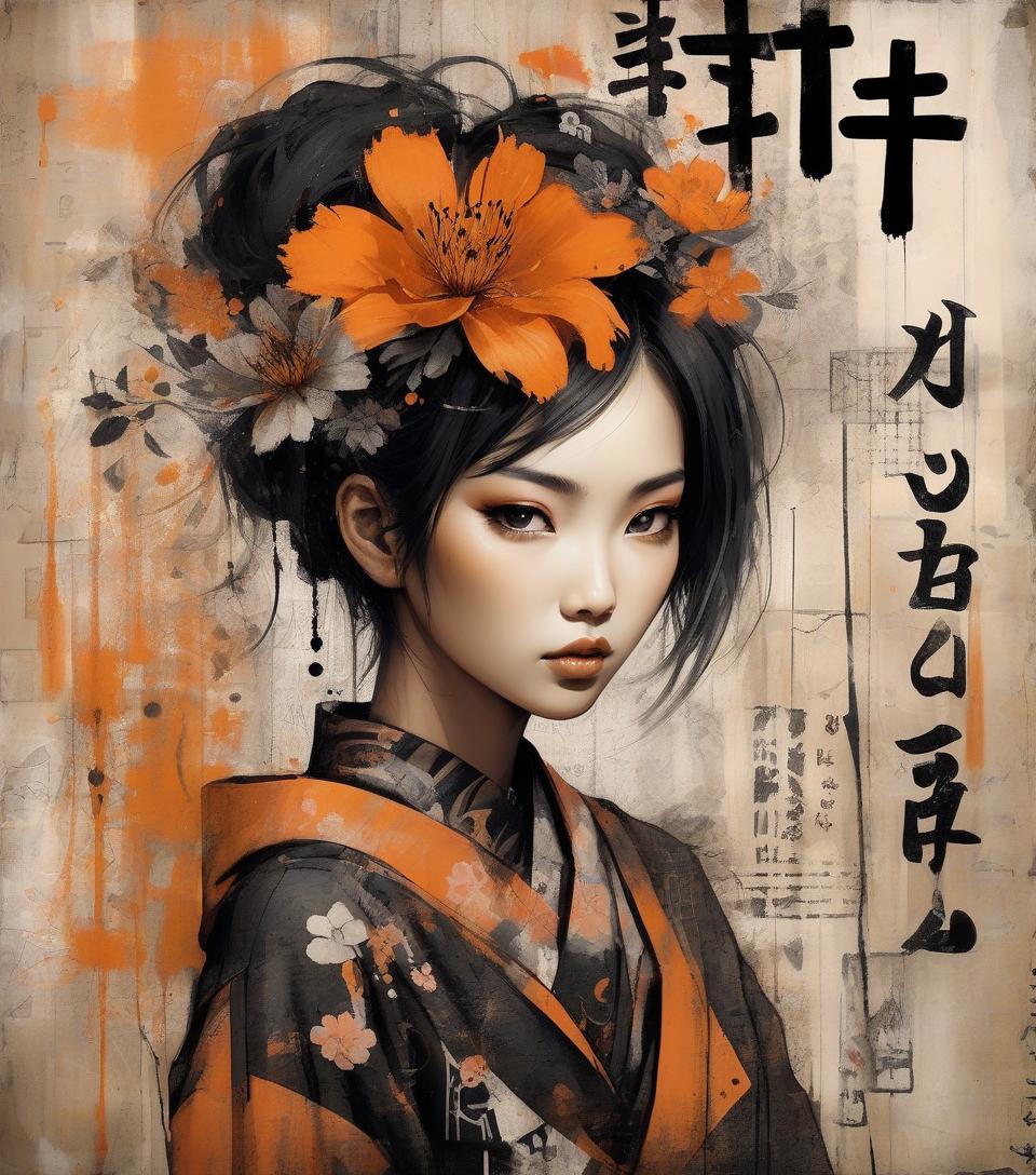  asian woman, beautiful face, black and orange color tones, wabi sabi art, abstract , punk collage , urbanpunk, flowerpunk, random textures, random graffiti strokes, kanji characters, surreal artwork, impermanence