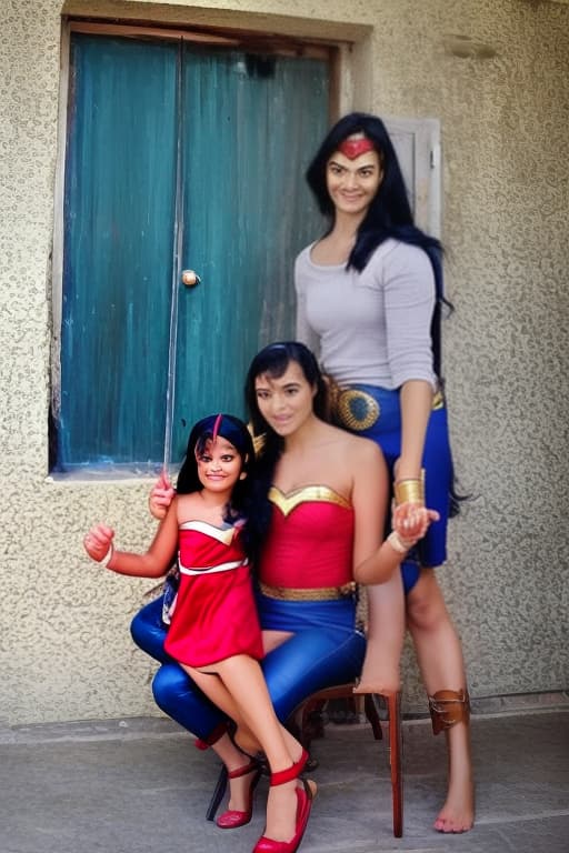  Wonderwomen and hir daughter enjoying at home