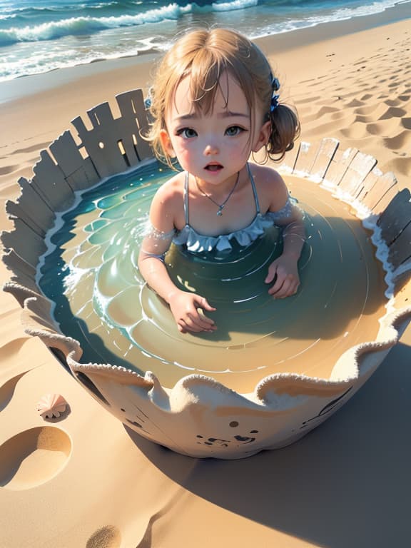  master piece, best quality, ultra detailed, highres, 4k.8k, A old ., Playing in the sand and water., Innocent and joyful., BREAK A young 's day at the beach., A warm and sunny beach., Sandcastle, beach ball, and seashells., BREAK Relaxed and carefree., Sunlight reflecting on the water and gentle sea breeze., splash00d