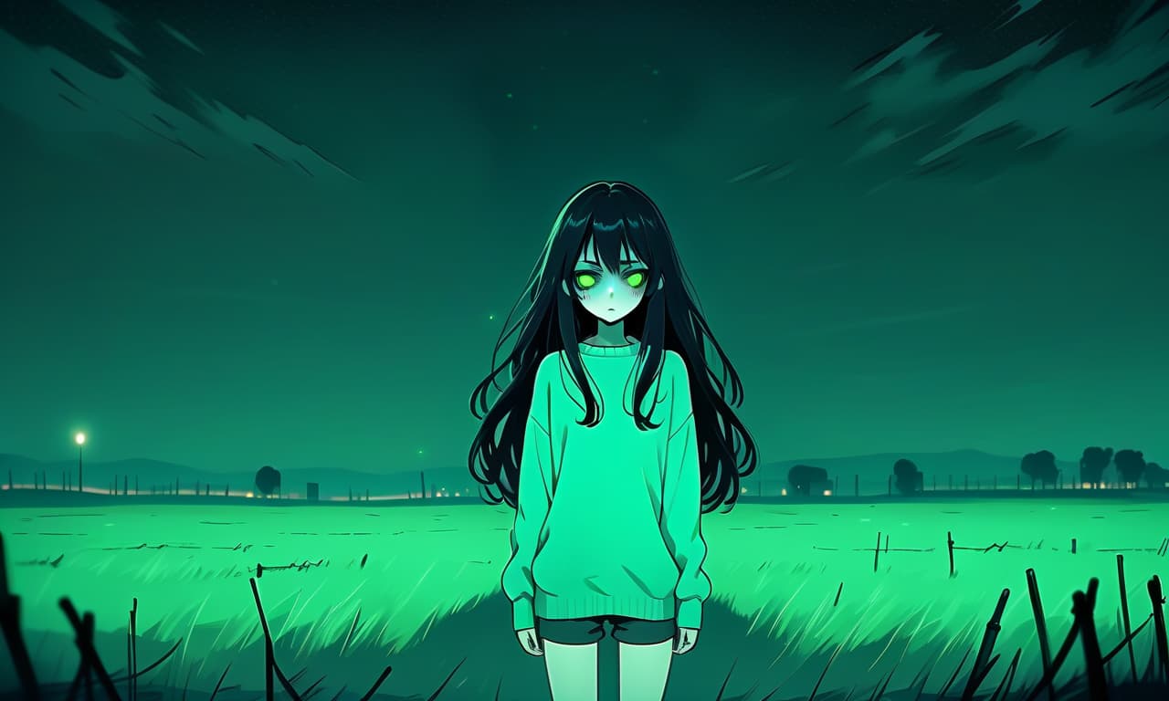  horror themed a girl in anime style with long black hair stands in an empty and night field dressed in a sweater of warm pastel green color and pants. the girl looks into the darkness with black lower eyelids under the eyes full of fear of the unknown and curiosity, and the bright turquoise eyes themselves stand out against the background of everything. the image uses warm and bed tones . eerie, unsettling, dark, spooky, suspenseful, grim, highly detailed