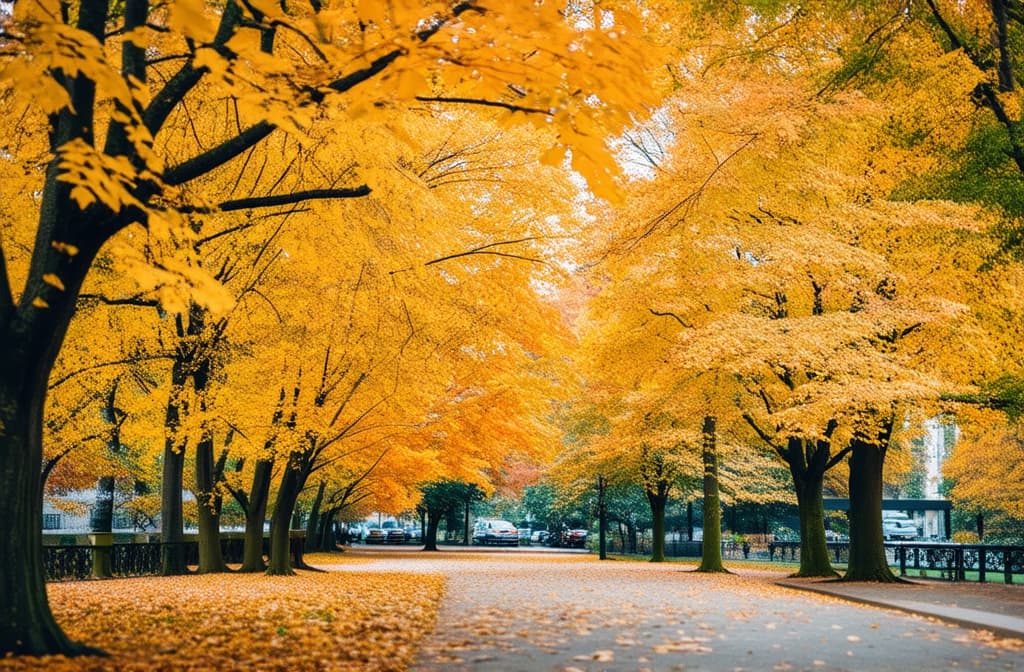  professional detailed photography, idyllic scene with yellow fallen leaves in an autumn park. ar 3:2, (muted colors, dim colors, soothing tones), (vsco:0.3)