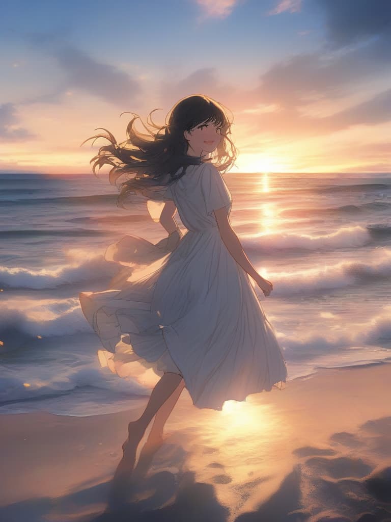  a masterpiece,one girl,delicate hair color,swaying hair,(((eyes hidden by bangs))),((( clenching lips))),((( waves running down her cheeks))),red cheeks,(((right hand hiding her eyes))),(((pow hand))),white dress,swaying hem,walking,sunset,beach in background,natural light,high quality,super resolution,super detailed,8k