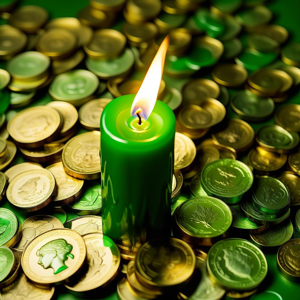  green candle burns on gold coins