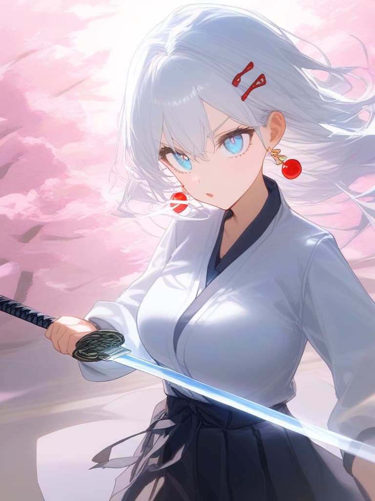  beauty girl,perfect girl,girl,hakama,袴,hairpin,簪,japanese style,transparent sword,stinking eyes,ジト目,cool,beauty,cherry blossom earrings,turn this way,white hair,sky blue eyes,beautiful eyes,white eyelashes