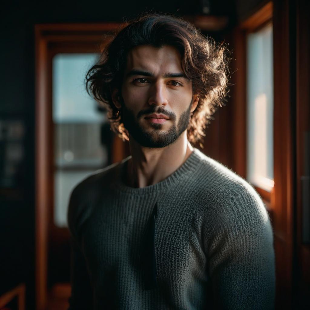  cinematic photo a handsome young man like jan yaman, he has dark hair. he's in the bright room at home in the sweater. he has broad shoulders. the hair is collected in the back . 35mm photograph, film, bokeh, professional, 4k, highly detailed, film photography style hyperrealistic, full body, detailed clothing, highly detailed, cinematic lighting, stunningly beautiful, intricate, sharp focus, f/1. 8, 85mm, (centered image composition), (professionally color graded), ((bright soft diffused light)), volumetric fog, trending on instagram, trending on tumblr, HDR 4K, 8K