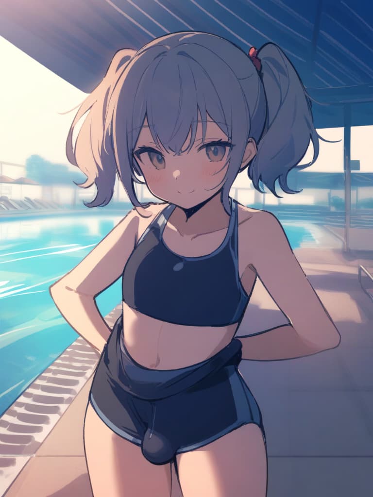  women's elementary students (male), twin tails, cute smiles, (rich s), low stature, dark blue swimwear, old swimwear, , simple, (upward), upward, (bulge), front, whole body, pool side ,,,