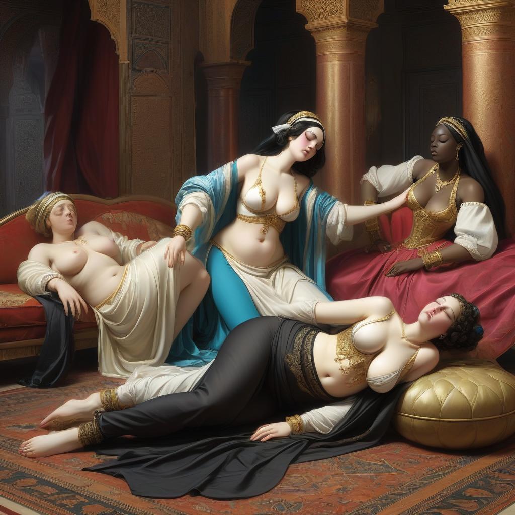  the pale fat odalisca fainted in the harem and lies unconscious on the couch, and two black maids bent over her and try to bring her to her senses.