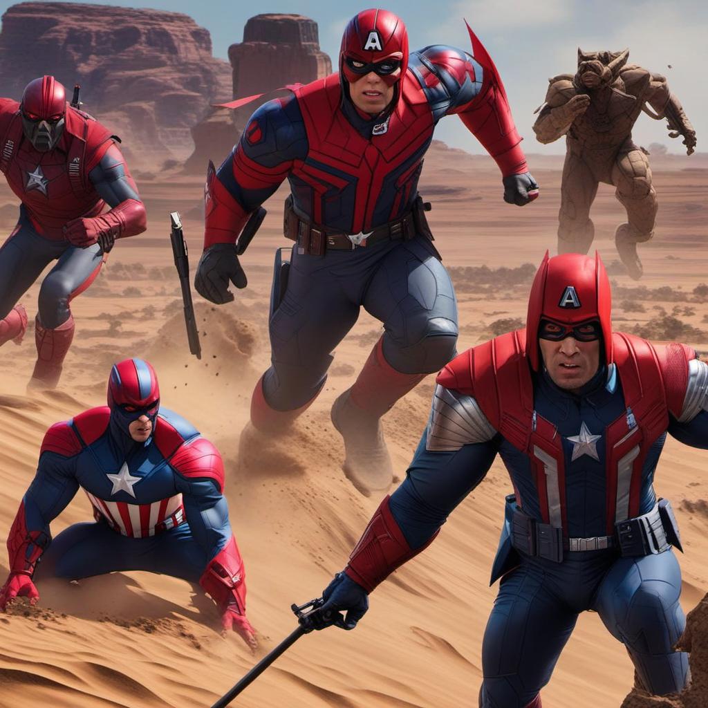  crea una foto di capitan america stive rogers con hulk dottor stringe e starlord e rocket in un deserto su un pianeta deserto , profile image style