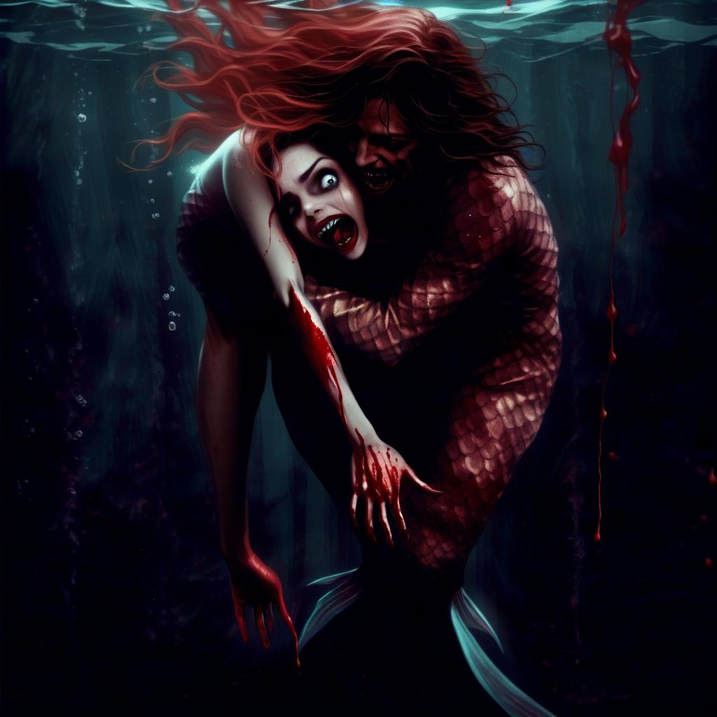  horror, art, a creepy mermaid girl grabs a man's leg under dark water and pulls to the bottom, he breaks out and he is afraid and blood begins to tear