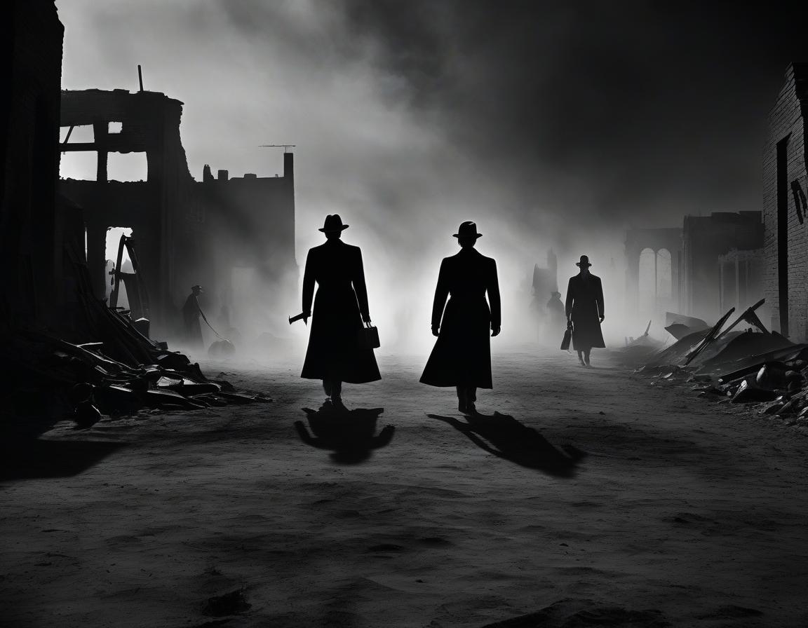  film noir style the battle of the angels of men in the bloody wastelands. . monochrome, high contrast, dramatic shadows, 1940s style, mysterious, cinematic