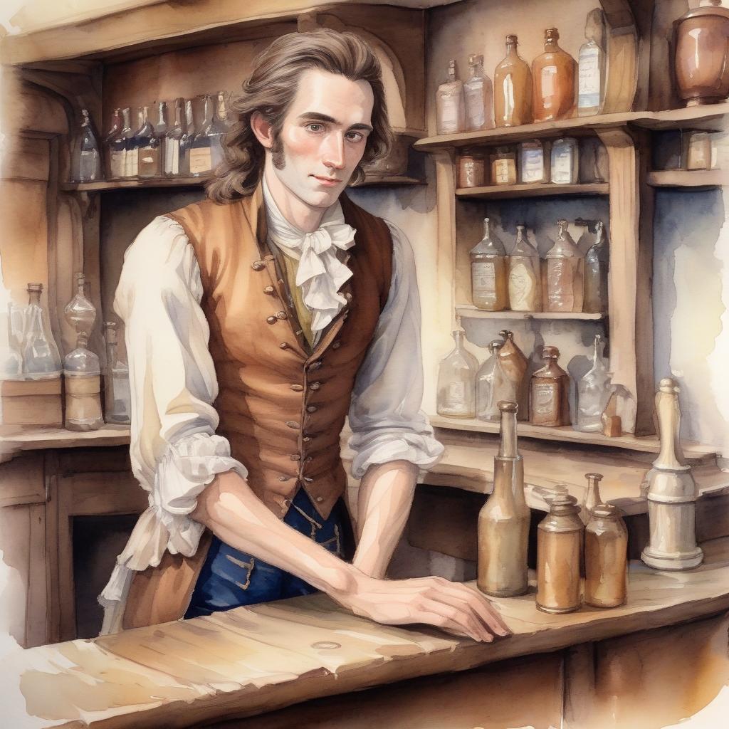  watercolor painting pale skinny man behind a tavern counter, brown hair gathered in a tail, 18th century clothing . vibrant, beautiful, painterly, detailed, textural, artistic