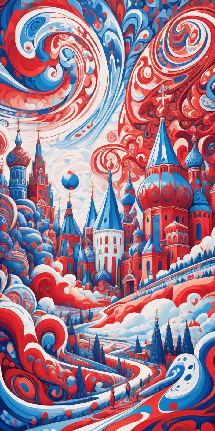  psychedelic style landscape, white, blue, red colors, moscow background, khokhlama, art . vibrant colors, swirling patterns, abstract forms, surreal, trippy