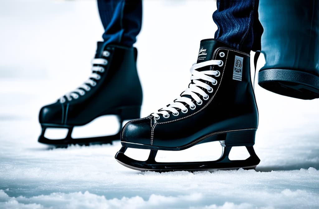  professional detailed photography, ice skates on the ice rink, banner for ice rinks and winter events, website header, background with copy space, winter concept of leisure and activities during winter holidays ar 3:2, (muted colors, dim colors, soothing tones), (vsco:0.3)